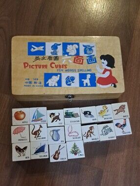 Toys Vintage Picture 196s Cubes Wooden Alphabet Blocks Set Red 